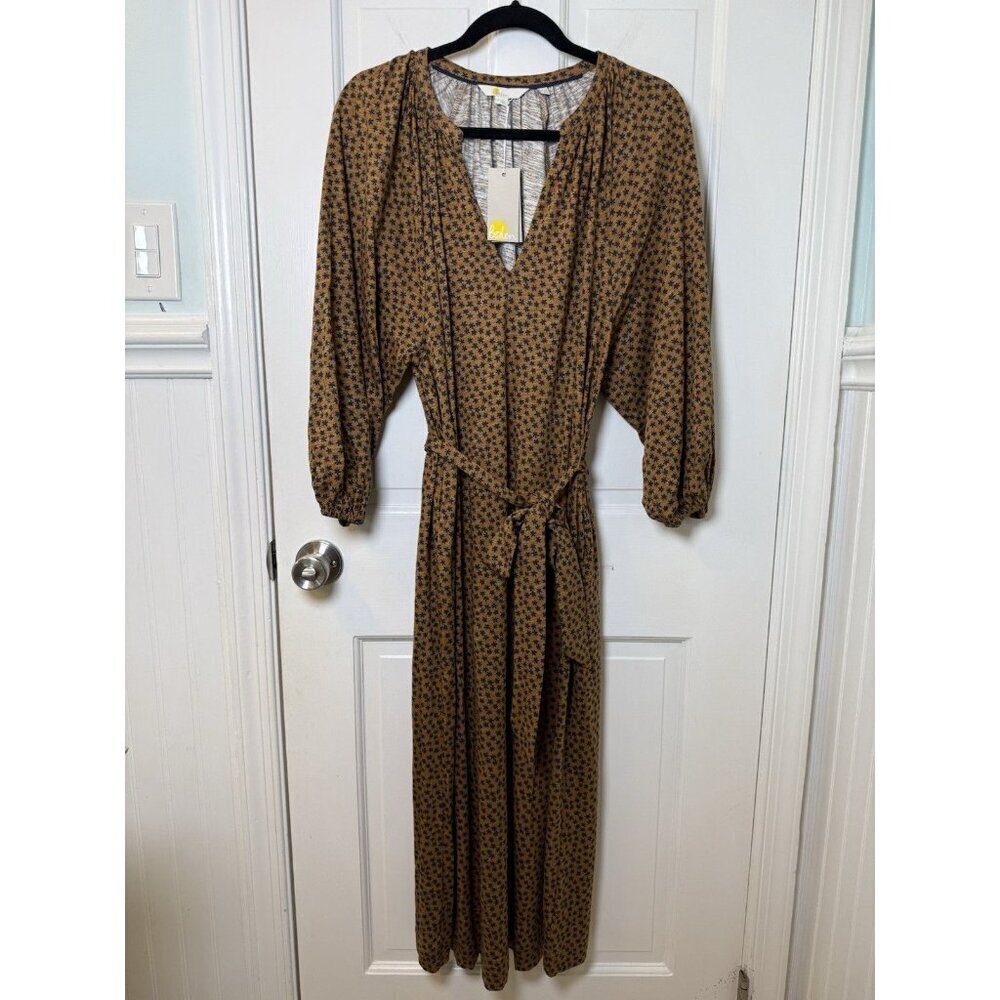 Boden Maxi Jersey Brown Belted Dress Blue Floral Size Women’s US10 NWT